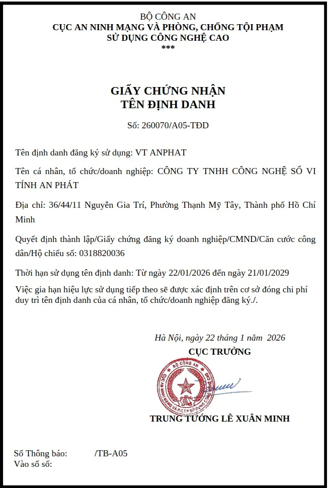 Hồ sơ định danh VT ANPHAT được công bố trên trang pháp lý