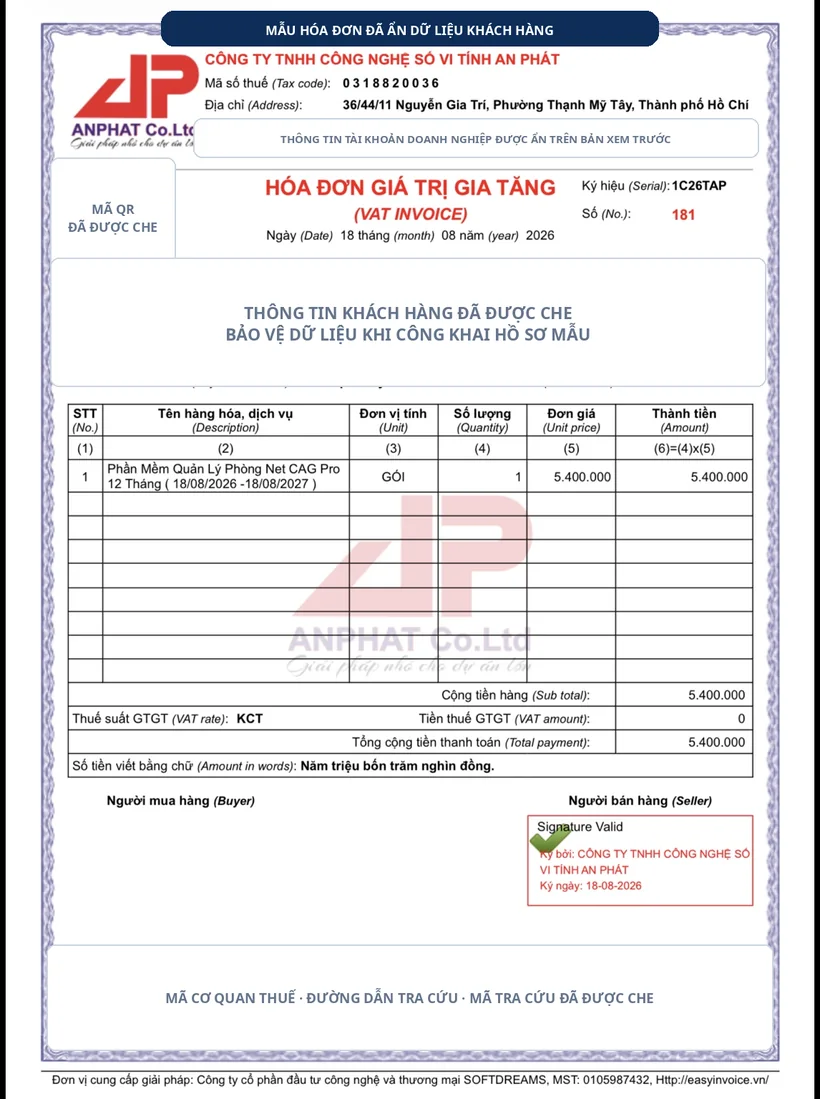 Hóa đơn mẫu đã che dữ liệu nhạy cảm của giao dịch CAG PRO®